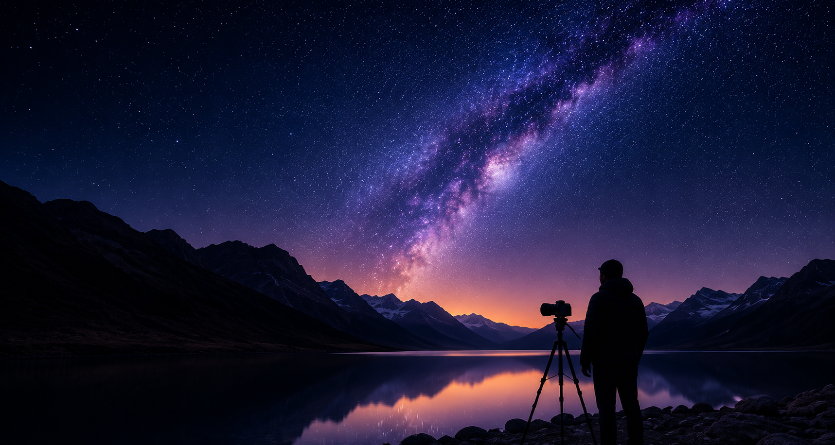 Astrofotografo davanti alla Via Lattea, con treppiede e fotocamera