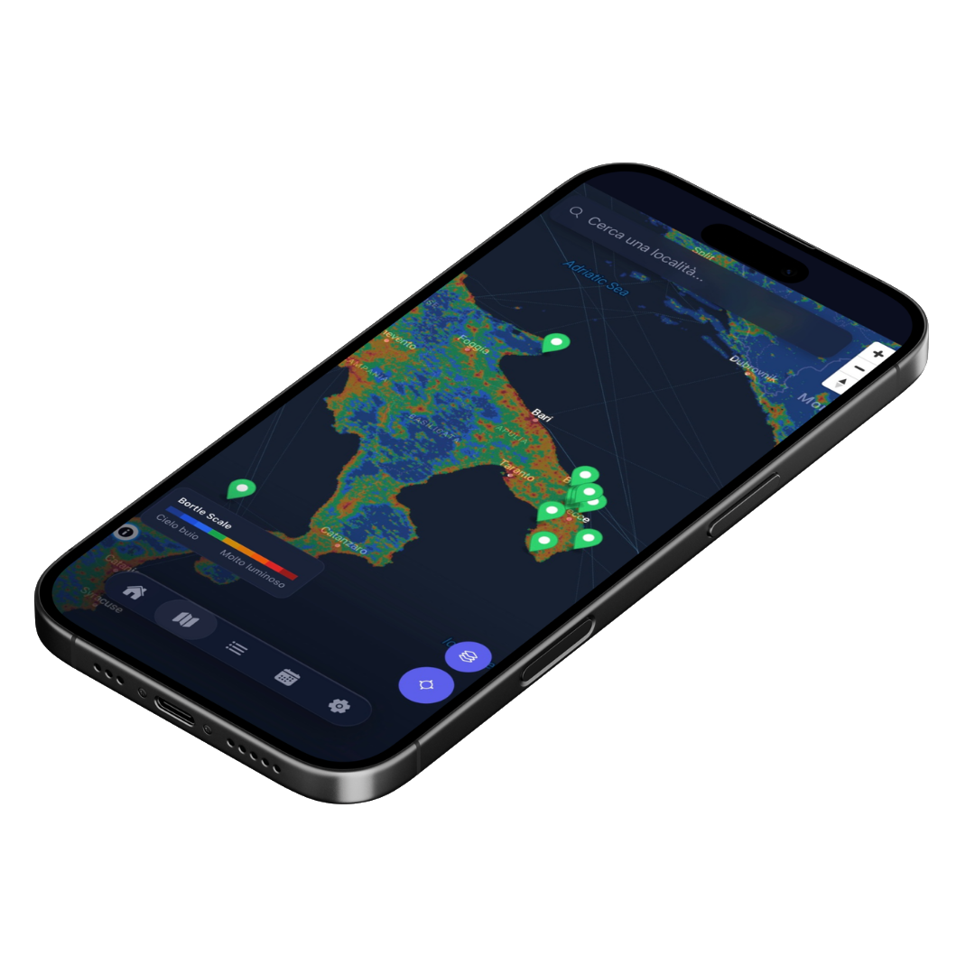 Schermata Mappa di NightScout con la classe di inquinamento luminoso Bortle per uno spot